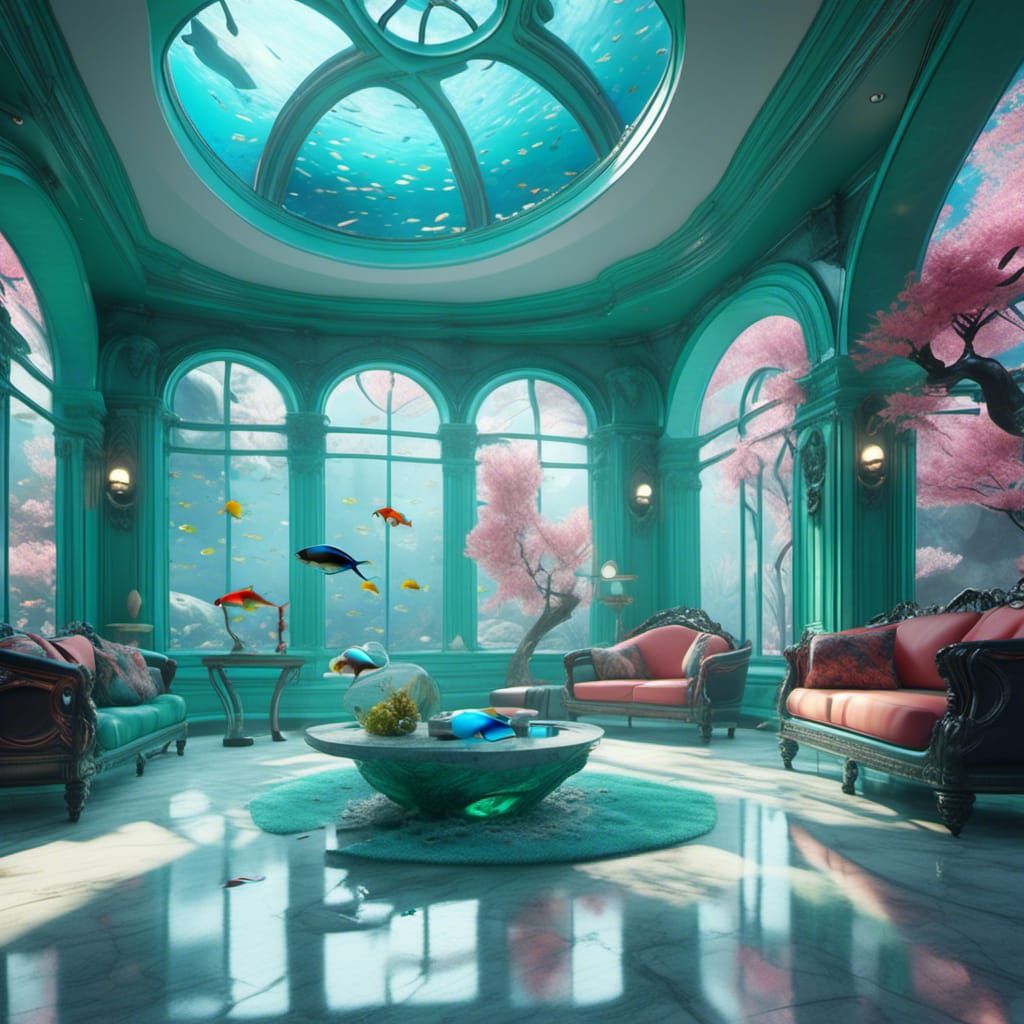 Futuristic Lounge with Aquarium in Hyperrealist Style
