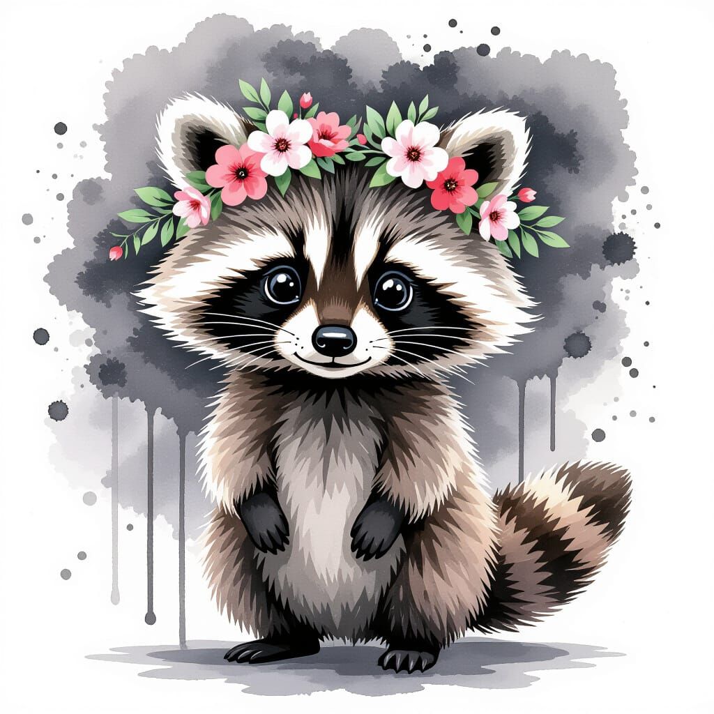 Fluffy Raccoon in Flower Crown, Ink Splatter Style