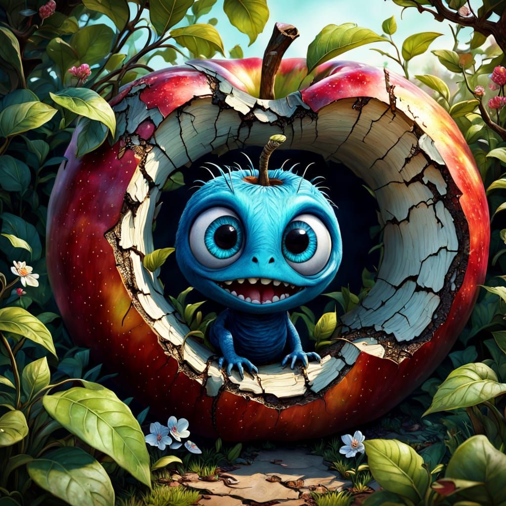 une POMME ROUGE un peu CRAQUELEE  EN 3D dans un jardin fleur...