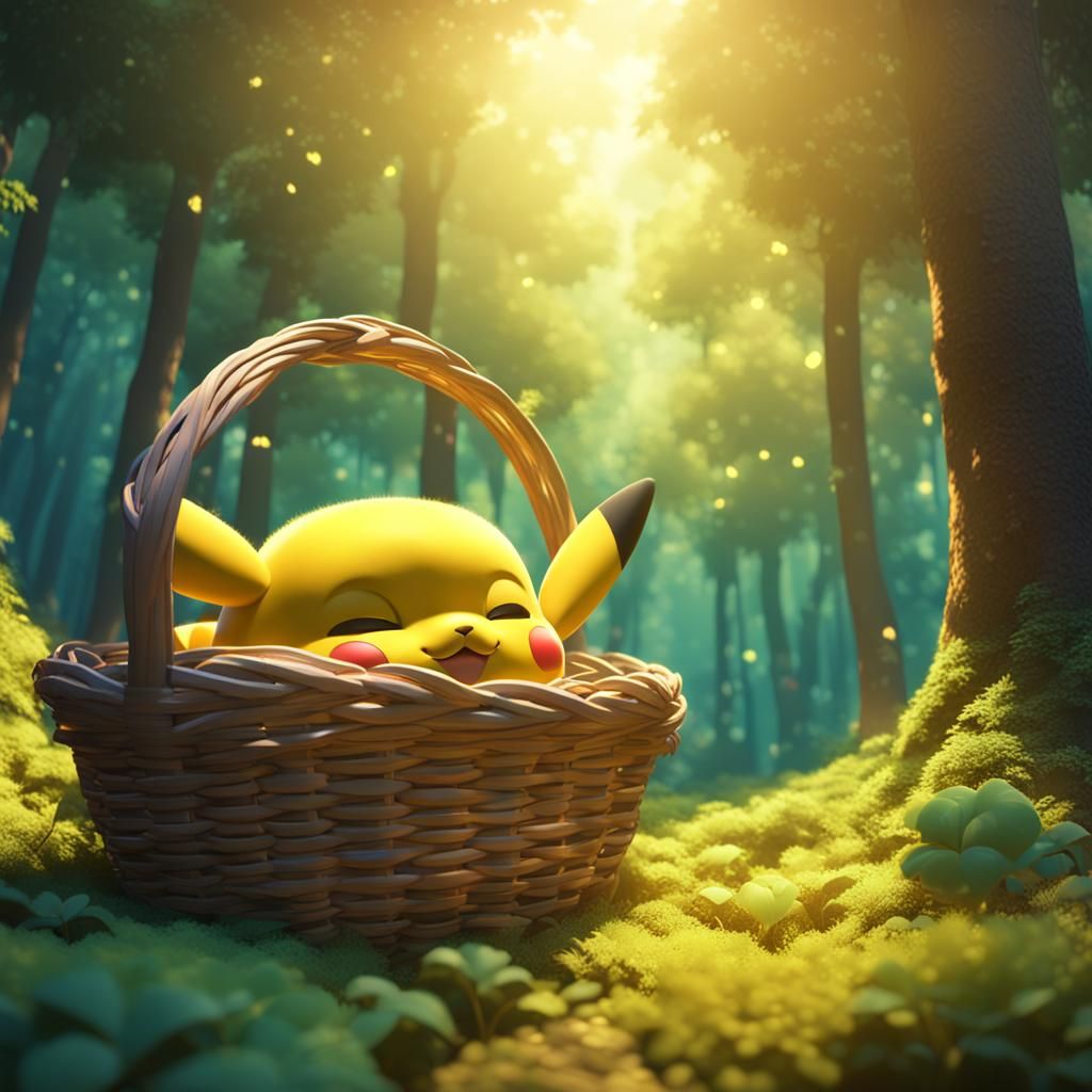 Cute Pikachu Sleeping in Forest: 3D Digital Art