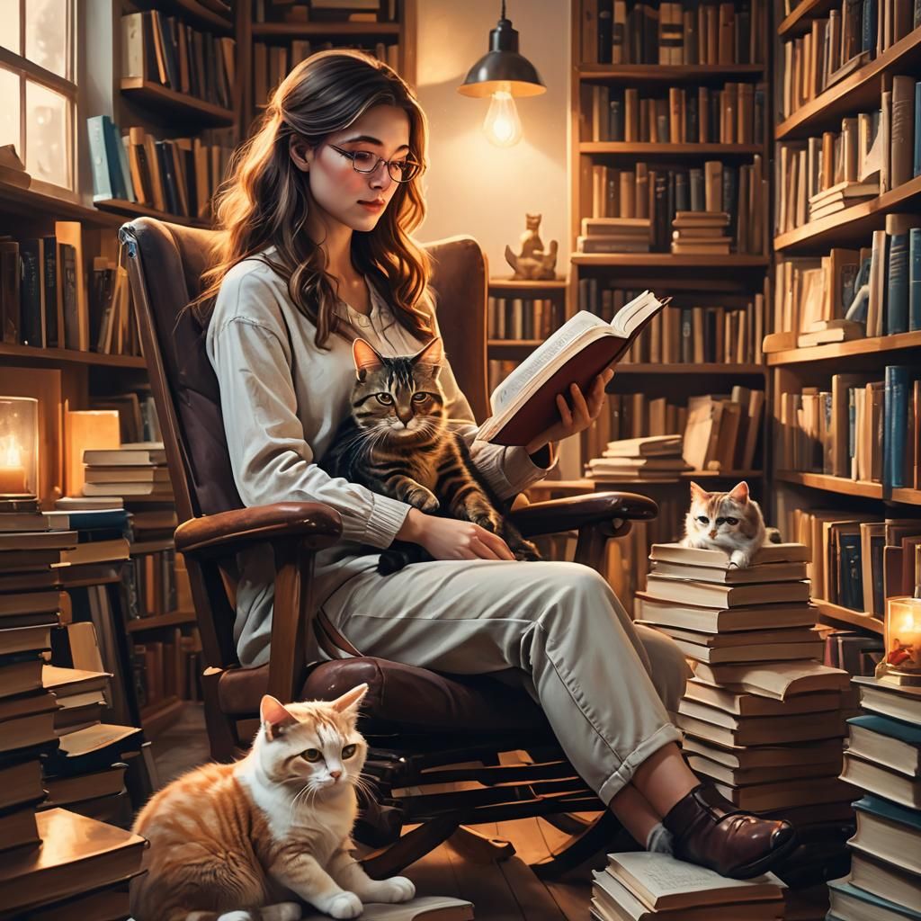 Cozy Reading Scene with Woman and Cat
