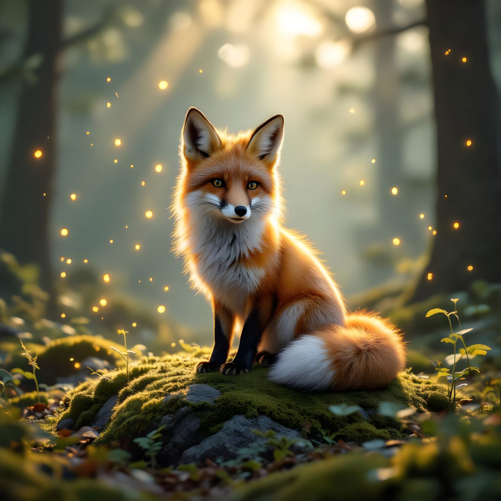 Mystical Fox in Golden Light on Mossy Rock