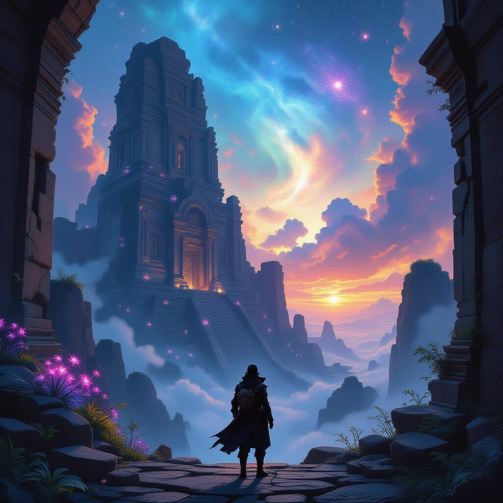 Steampunk Traveler at Ancient Ruin Under Nebula Sky