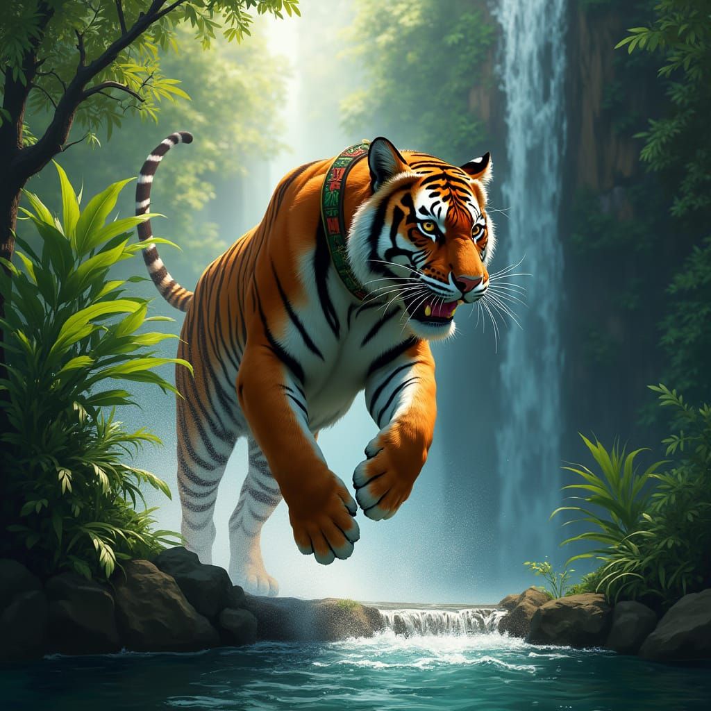 Bengal Tiger Leaps Through Jungle Waterfall