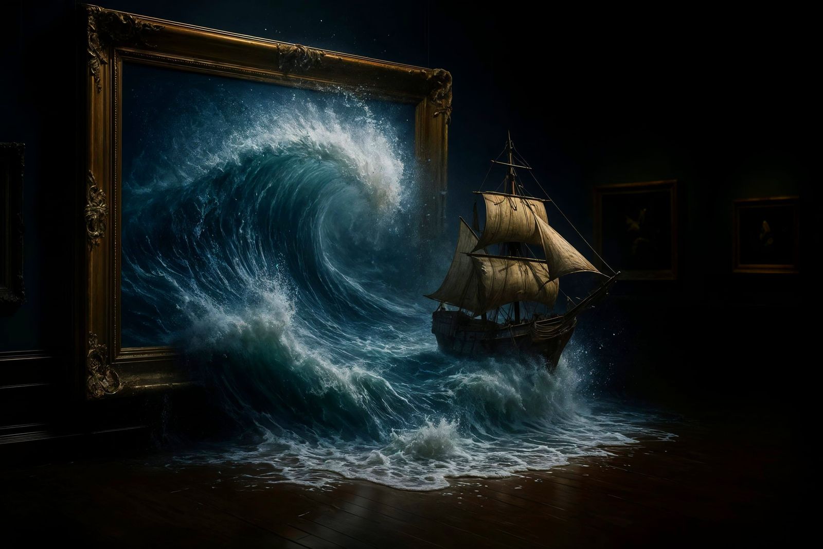 Ocean Wave Bursts from Painting in Museum Gallery