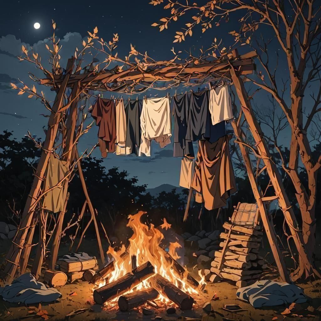 Cozy Anime Bonfire Scene at Night