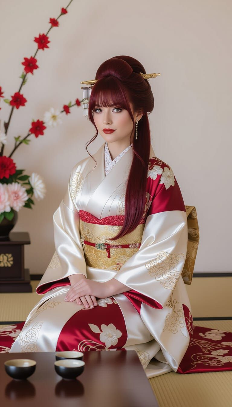 Elegant Woman in Kimono with Japanese Embroidery