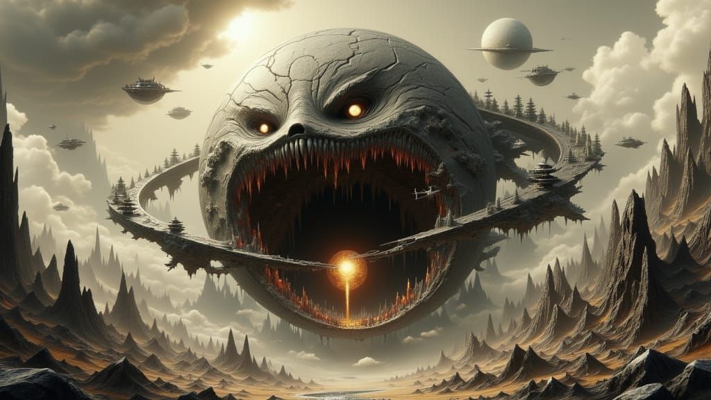 Menacing Planet Devours Moon in Spaceship Battle