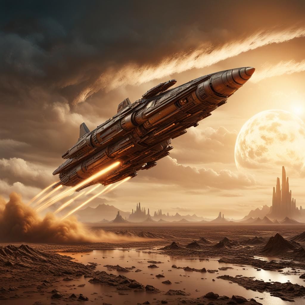 Starship Launches from Mud-Moon: Cinematic Digital Painting
