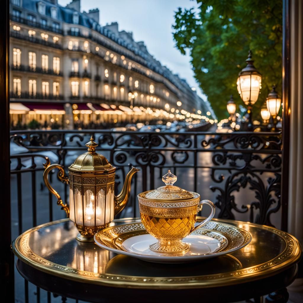 Parisian Cafe Interior with Crystal Tea Set