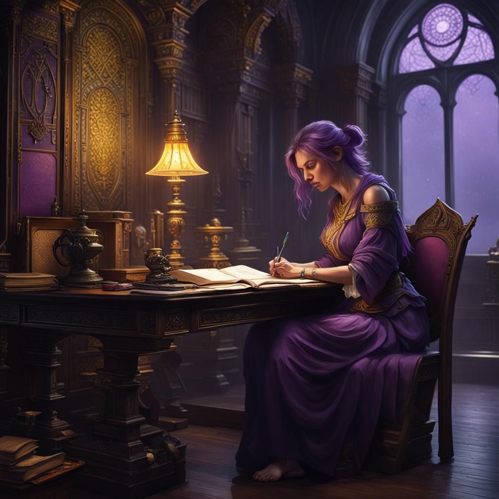 Dark Fantasy Art of Woman Writing, Hyperdetailed