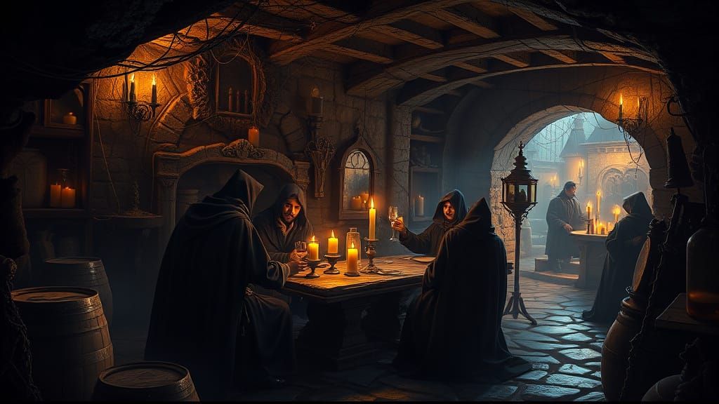 Clandestine Medieval City Gathering in Dark Fantasy Style