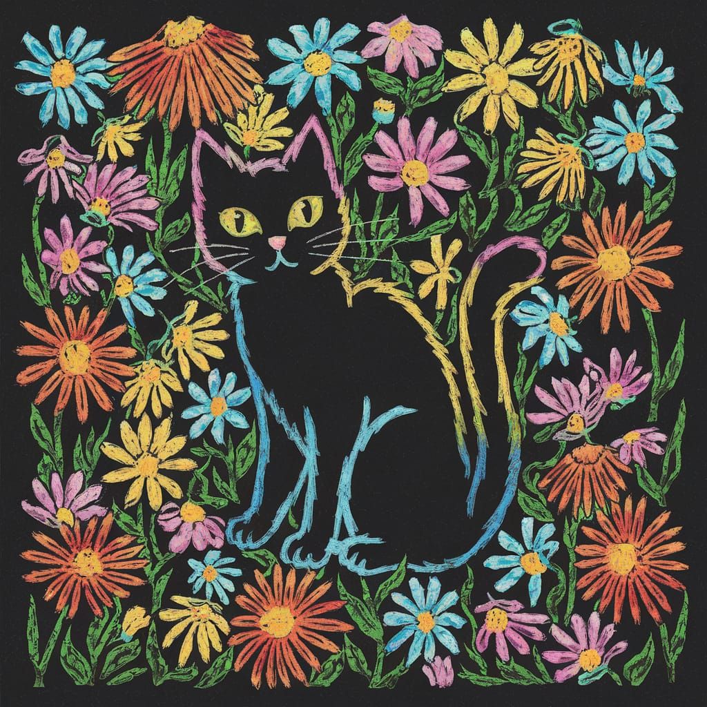 Minimalist Anime Cat with Daisies in Crayon Style