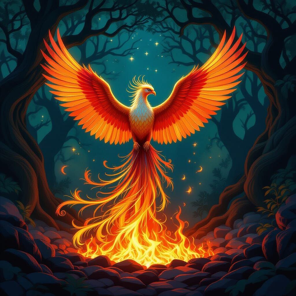 Majestic Phoenix Rises from Embers in Mystical Forest
