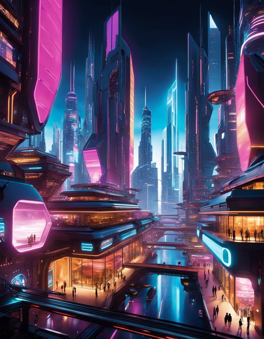 Futuristic Cyberpunk Cityscape at Night with Neon Lights