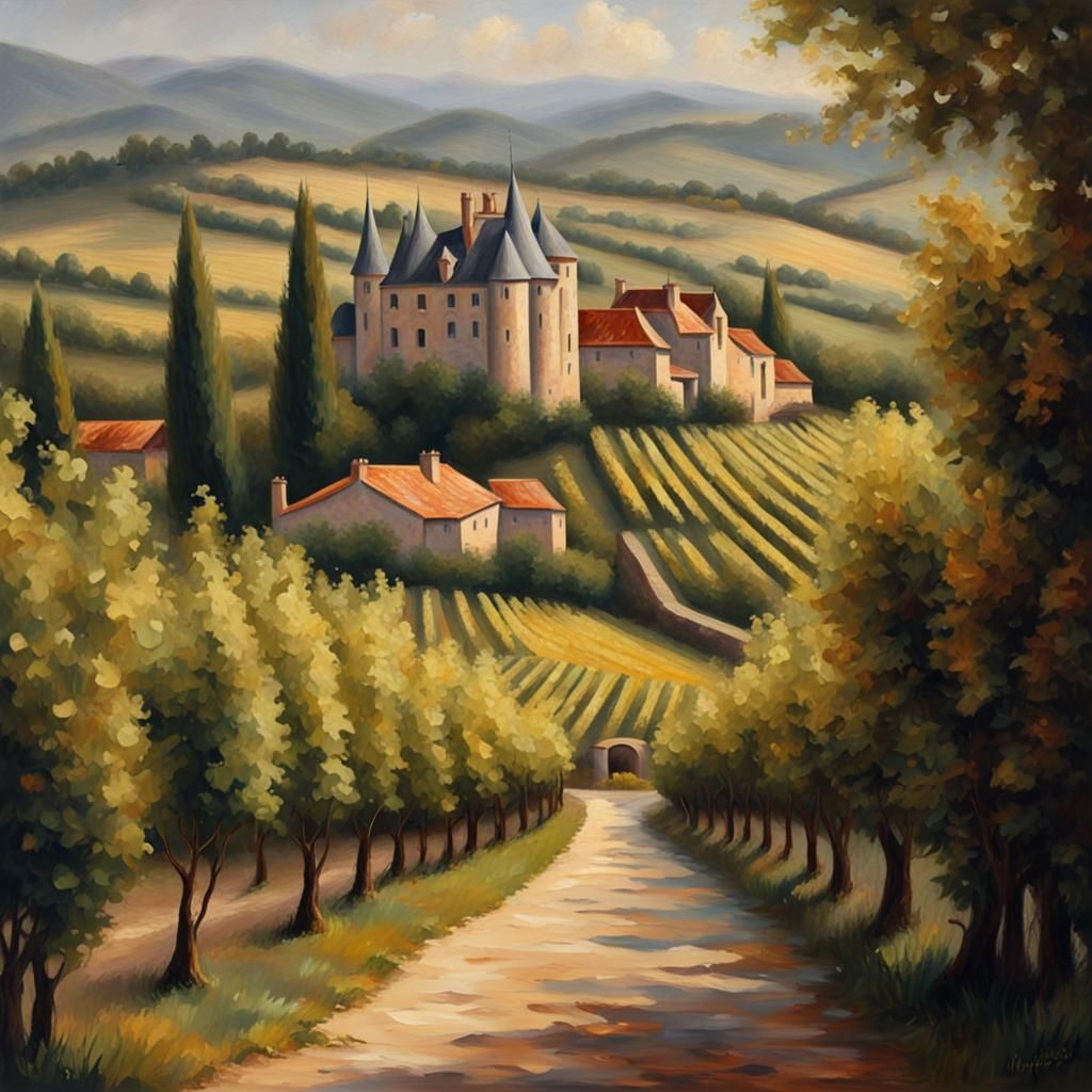 French Countryside Impressionist Painting with Vineyards
