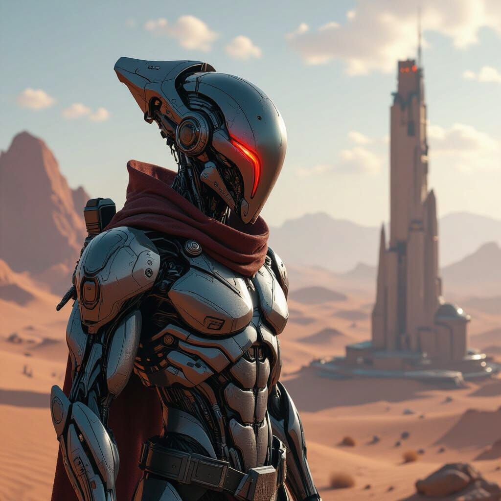 Warframe Warrior Overlooking Martian Desert Outpost