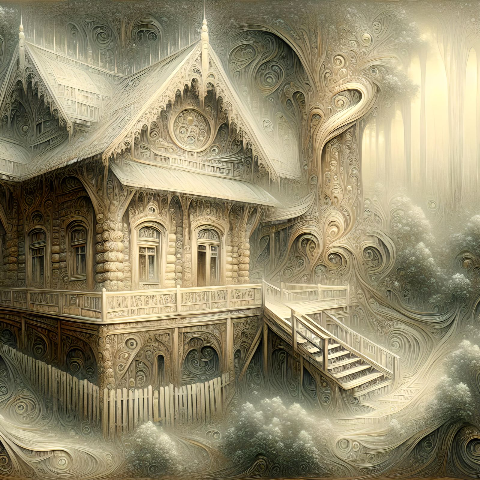 Wooden House with Intricate Carvings in Misty Forest