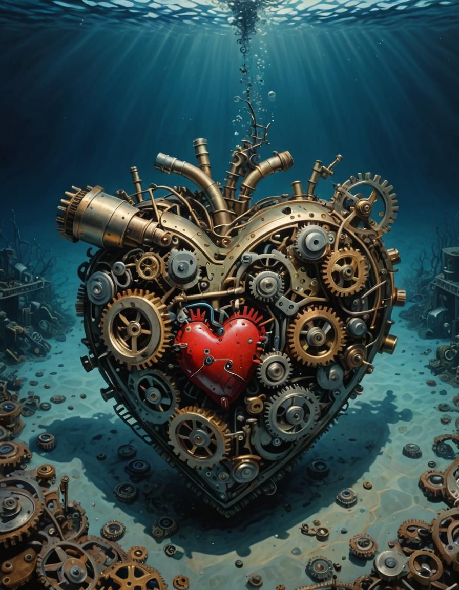 Mechanical Heart Submerged: Realistic Painting