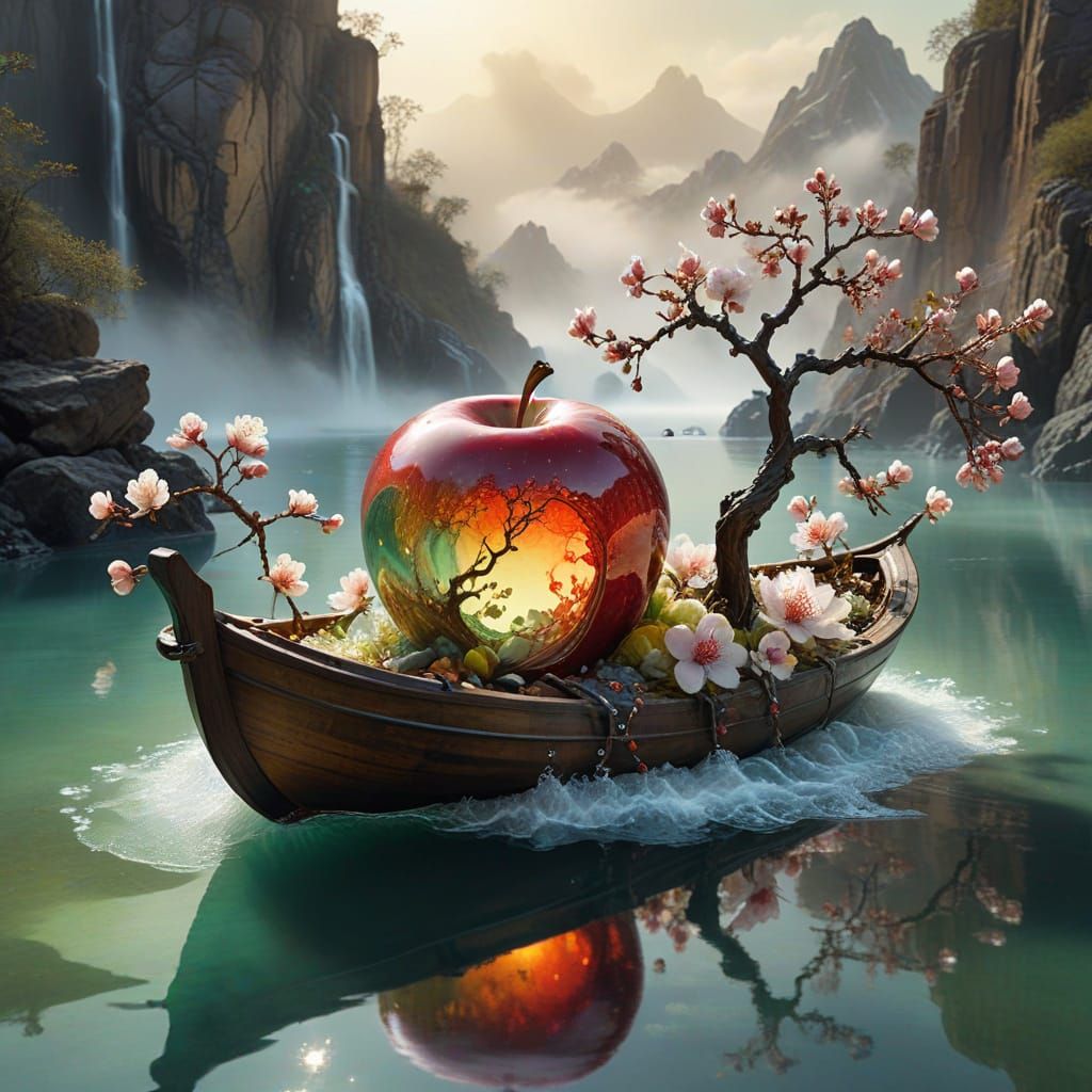 Ethereal Apple Blossom Waterfall in Watercolor Style