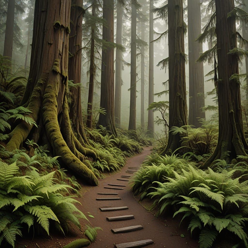 Ancient Redwood Forest Path in Ethereal Fog