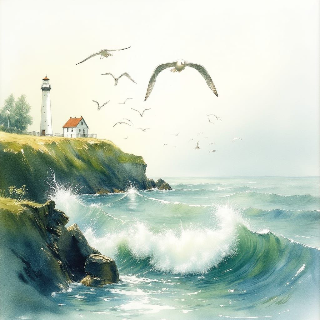 Coastal Watercolor Lighthouse Scene with Crashing Waves