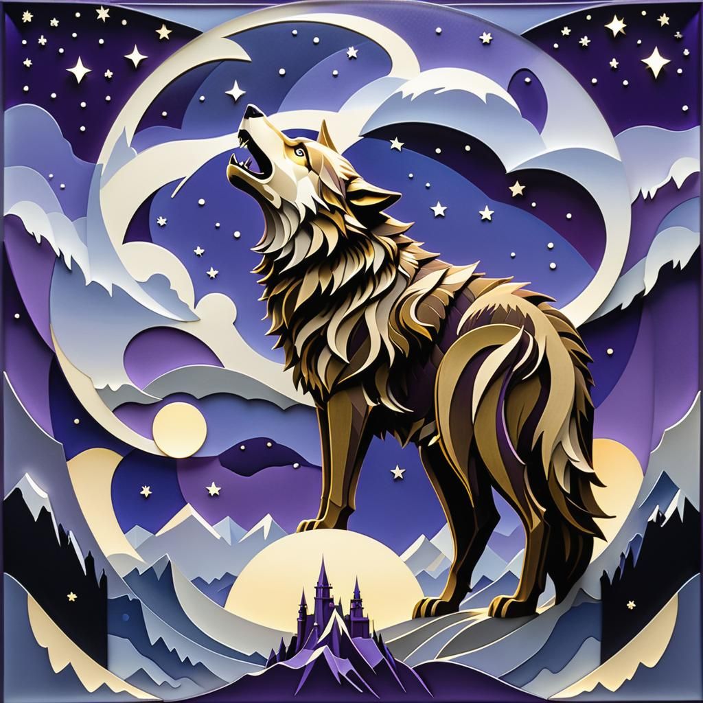 Geometric Wolf Howling at Moon, Detailed Matte Painting