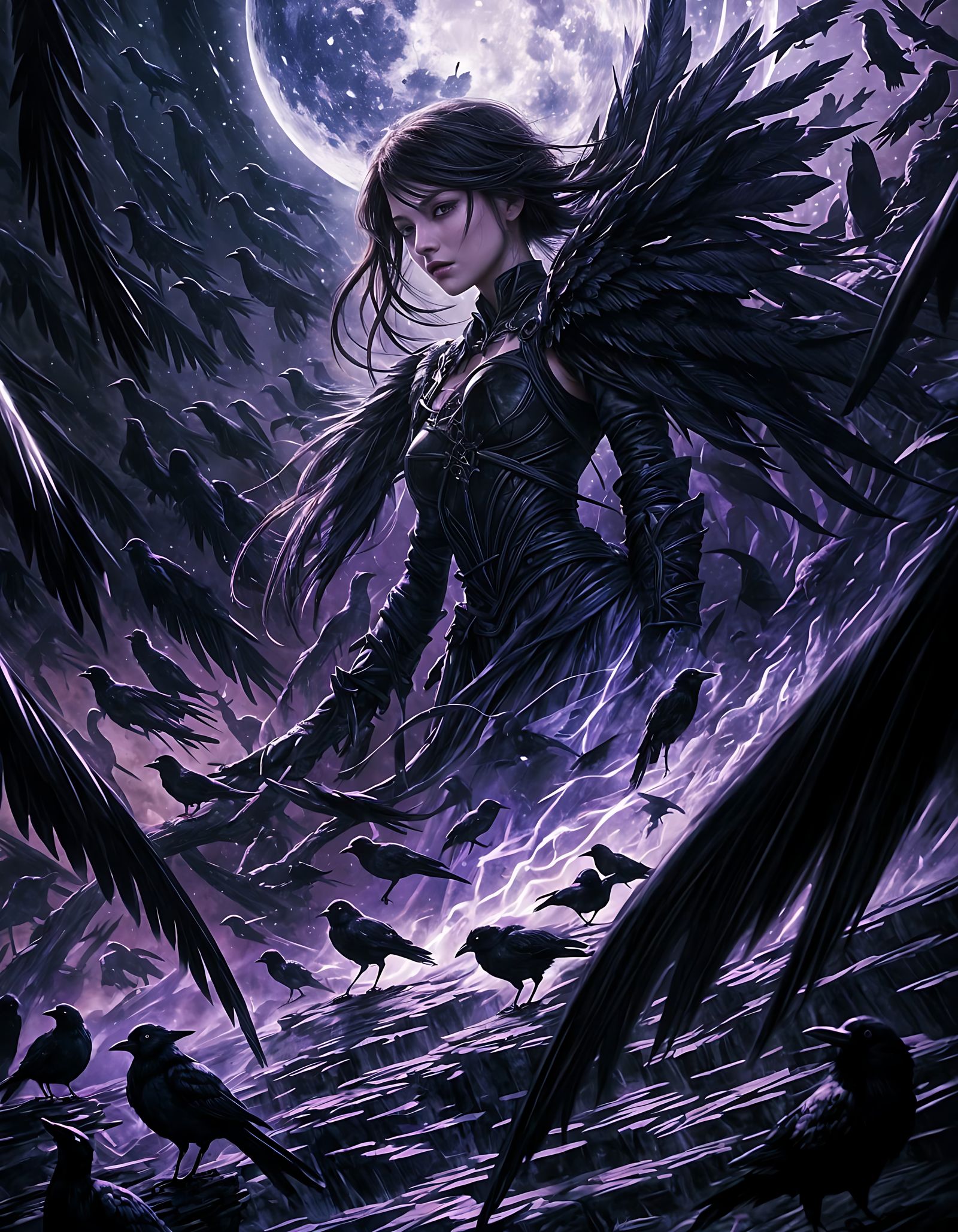 Manga Woman Among Crows at Night