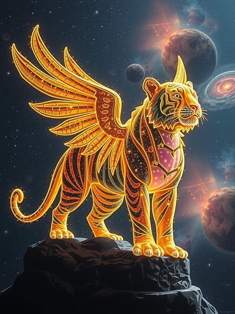 Luminous Winged Tiger Illuminates Pillars of Creation