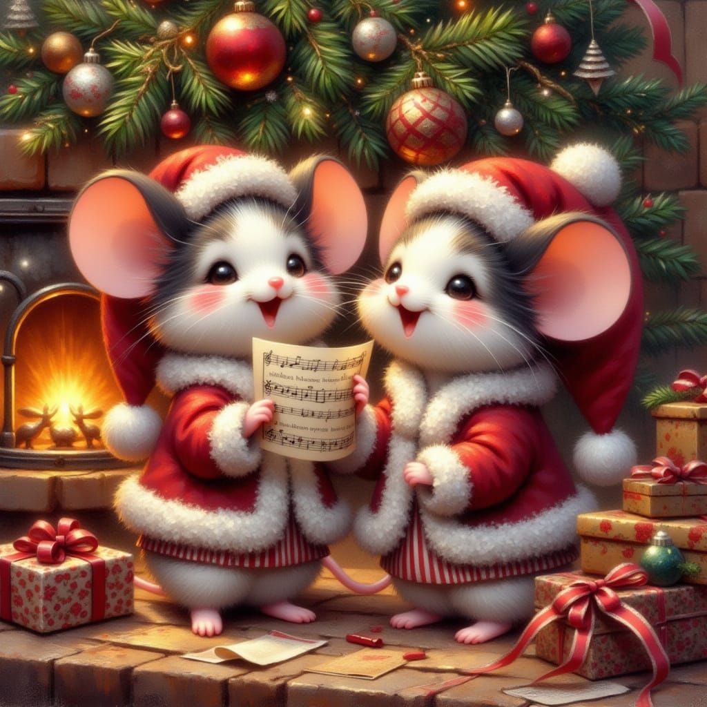 Mice Singing Christmas Carols Under Tree