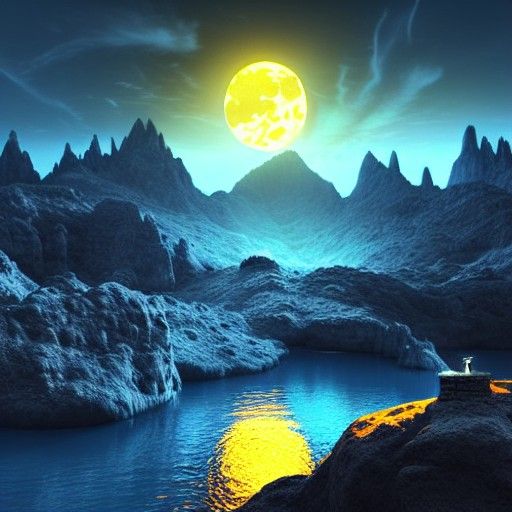 Glowing Sword in Lake Under Red Moon