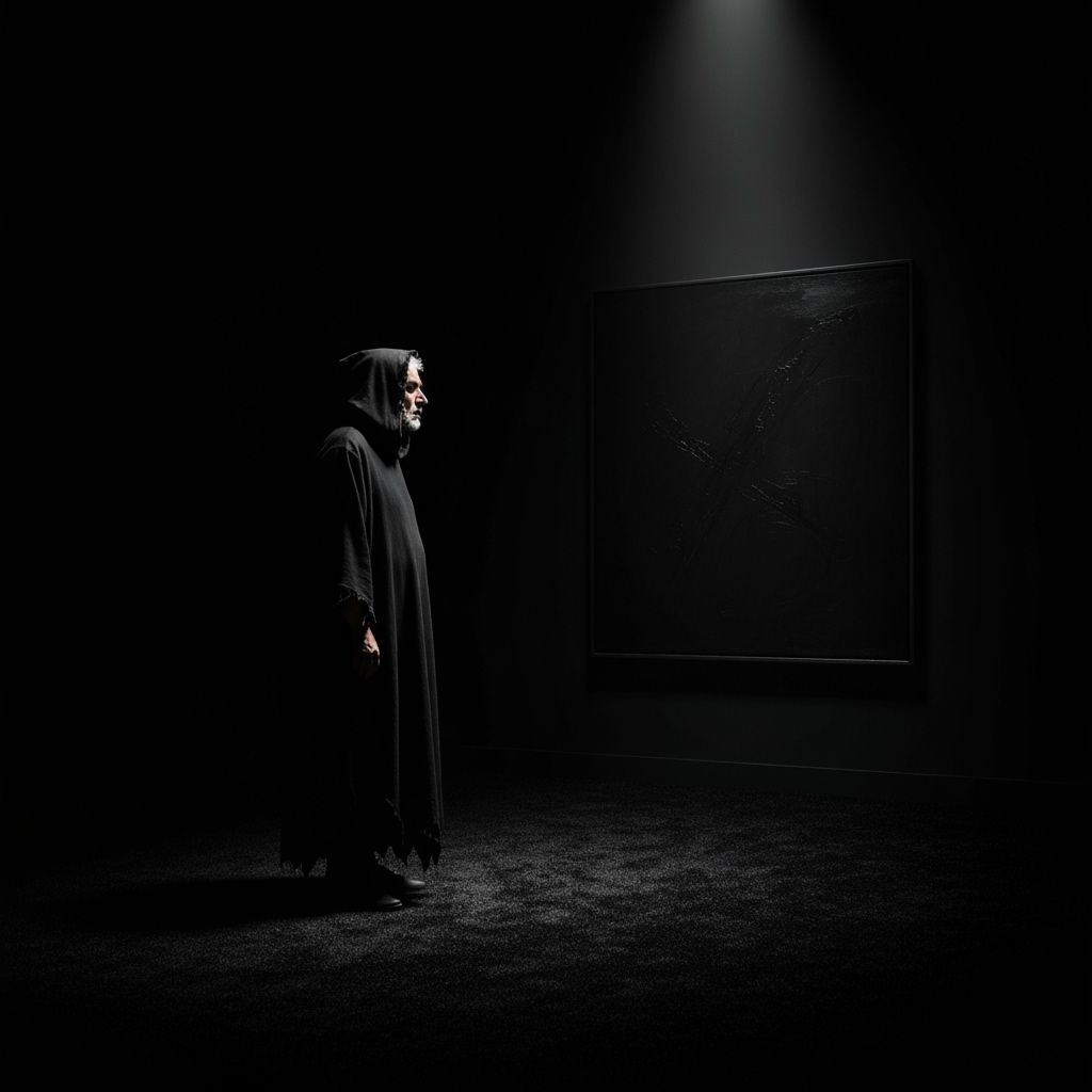 Man in Light Beam Gazes at Abstract Art