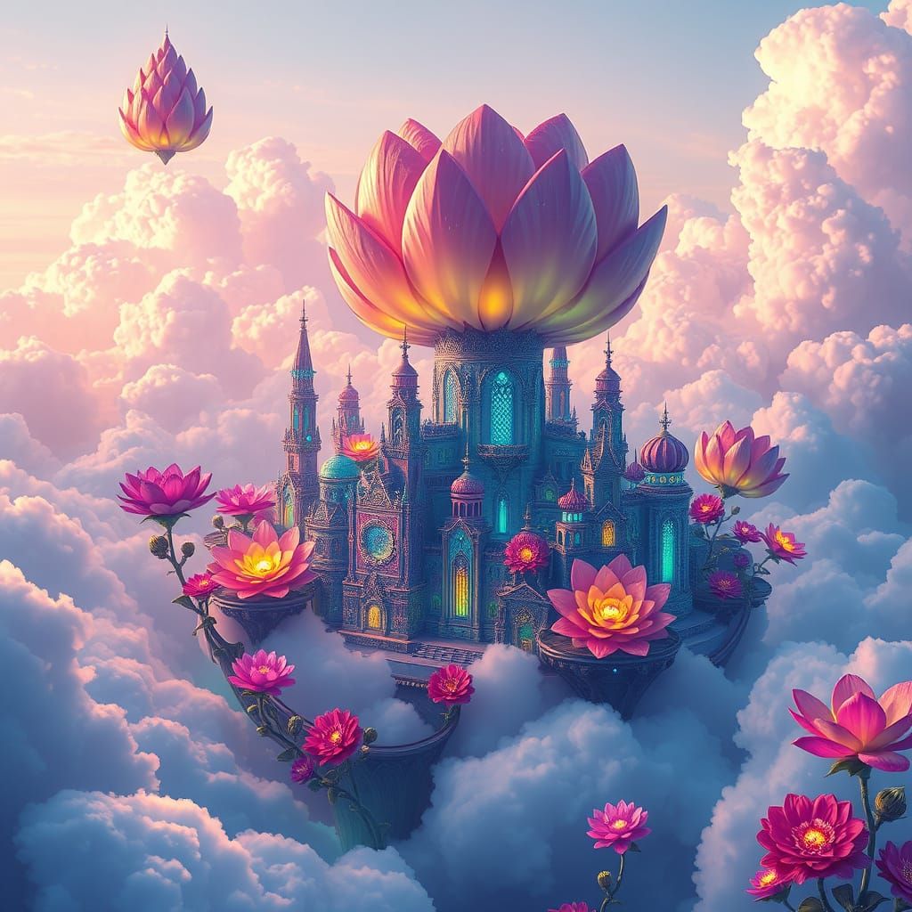 Floating Flower City: A Surreal Gemstone Dreamscape