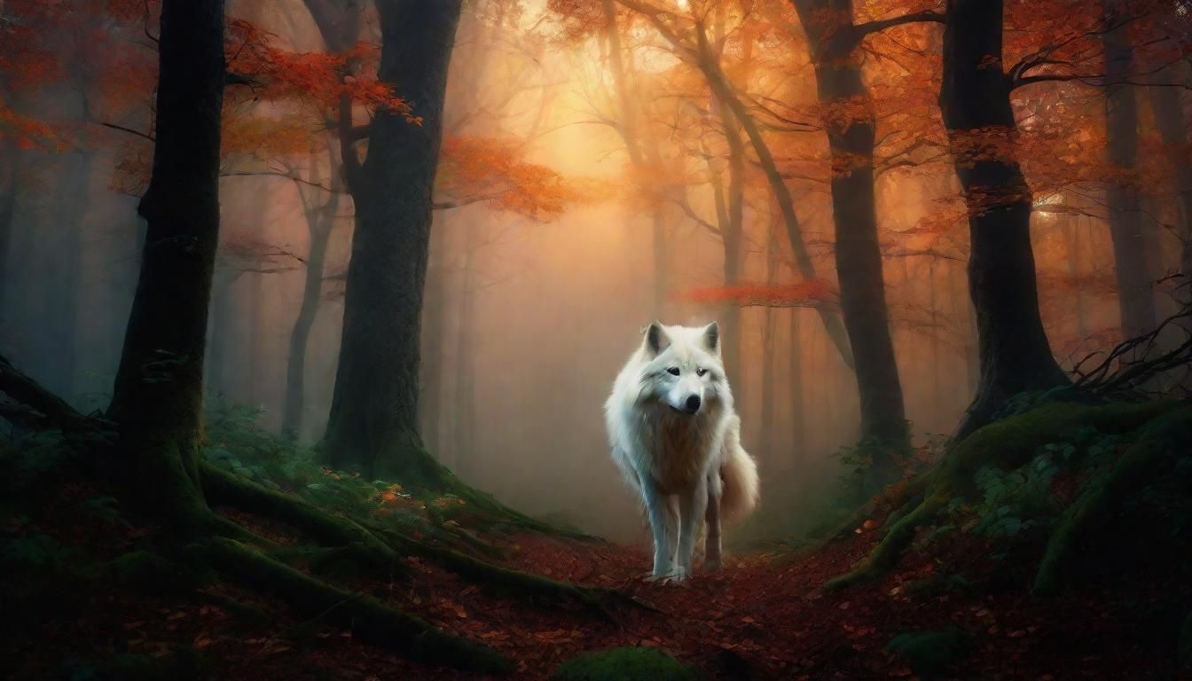 Mystical Wolf in Glowing Forest, Ethereal Fantasy Art