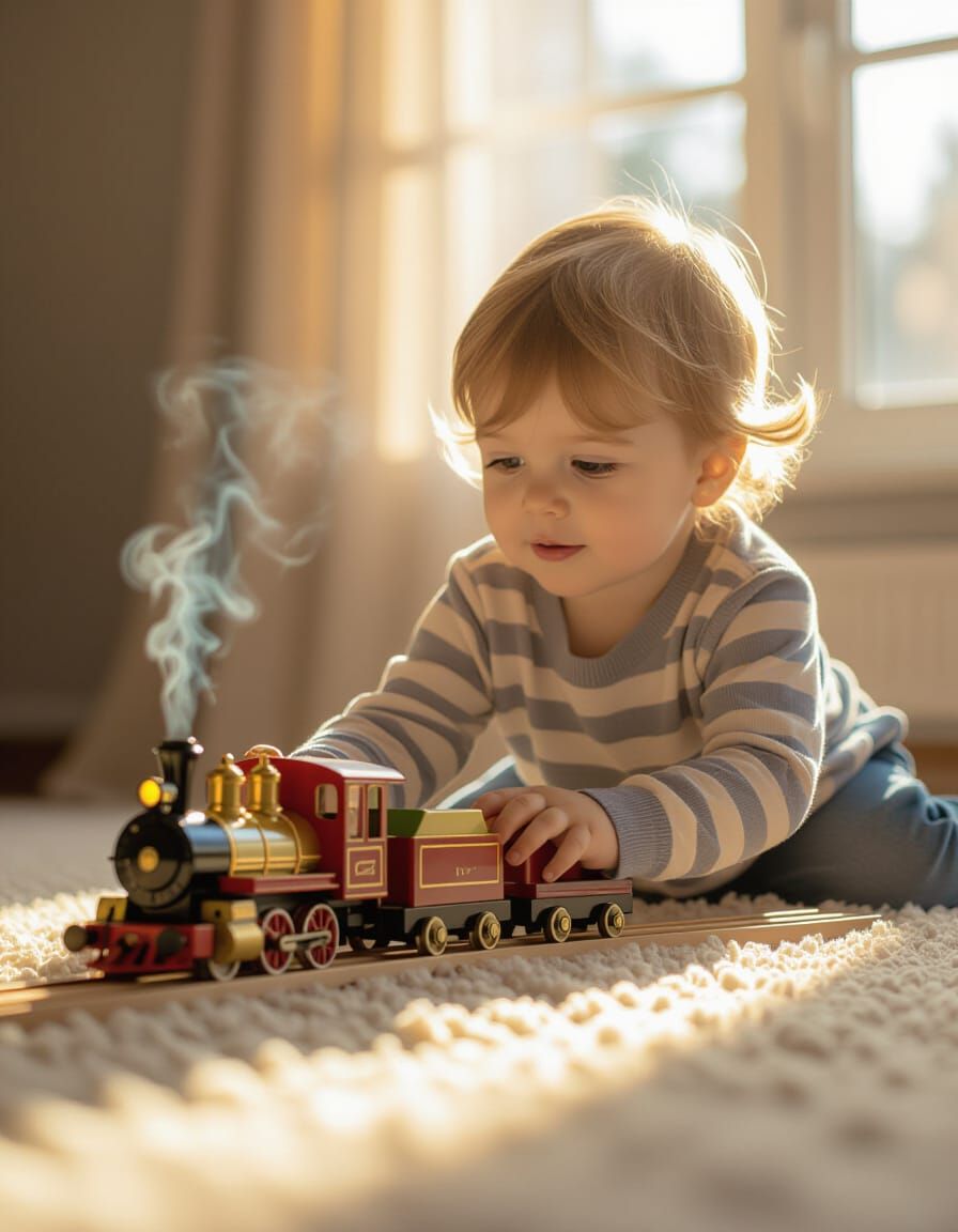 Child's Joyful Play With Wooden Train Set