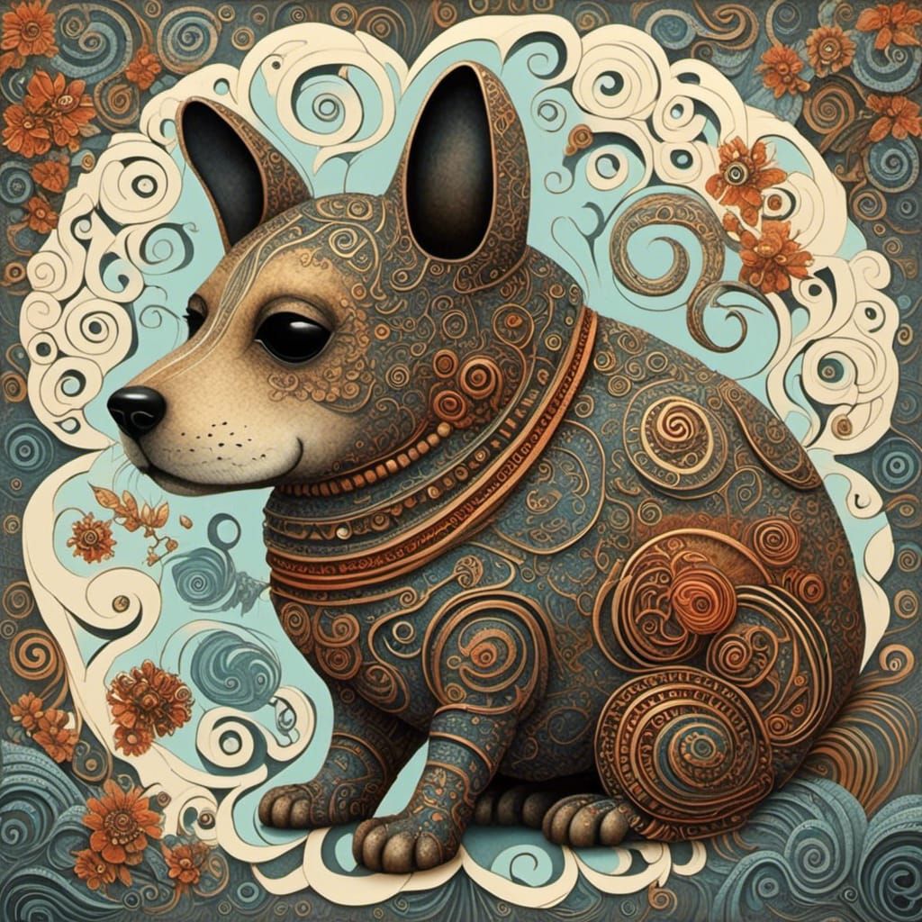 Dog Portrait in Botero Style with Zentangle Background