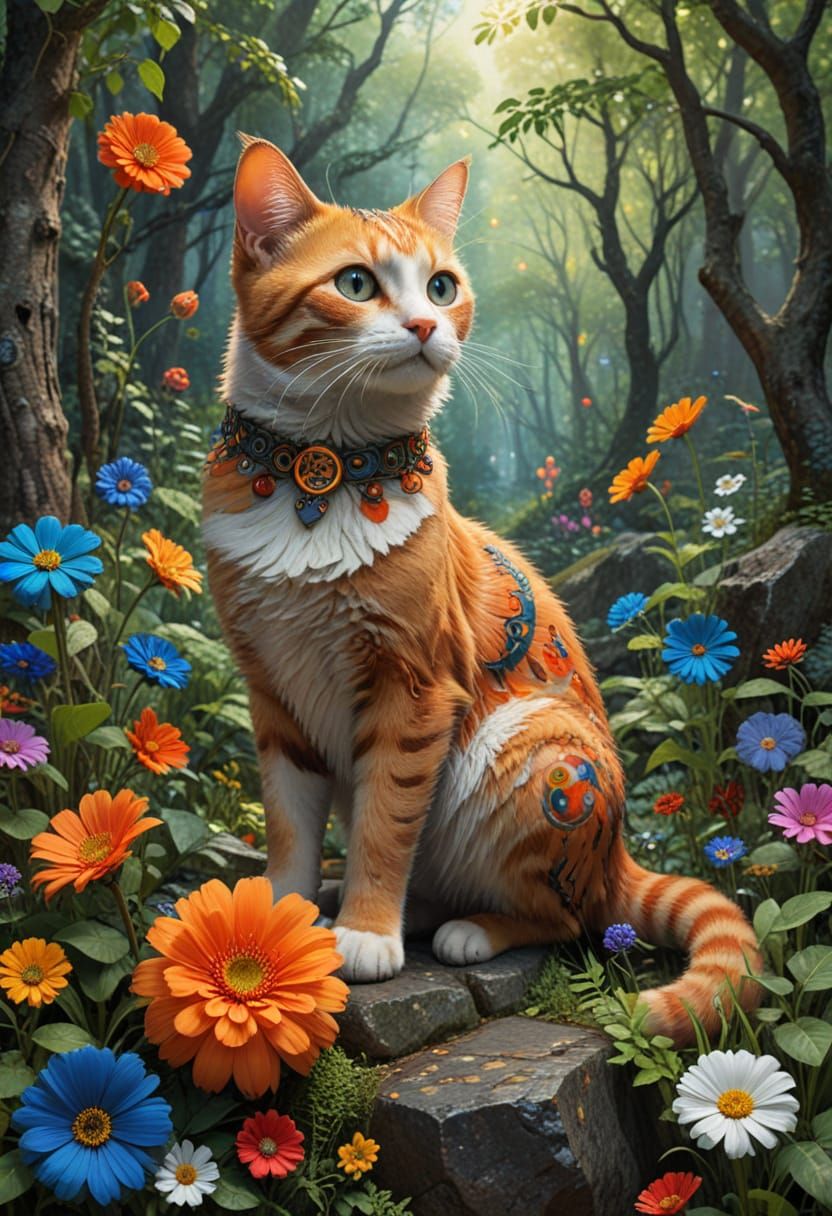 Surreal Cat in Vibrant Love Forest with Celtic Symbols and T...
