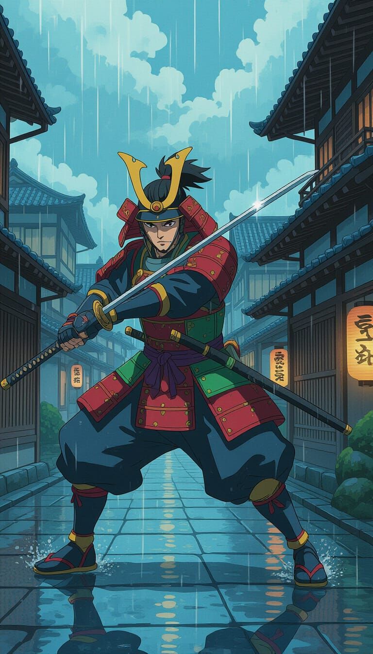 Samurai Slicing Raindrops: A Dark Fantasy Scene