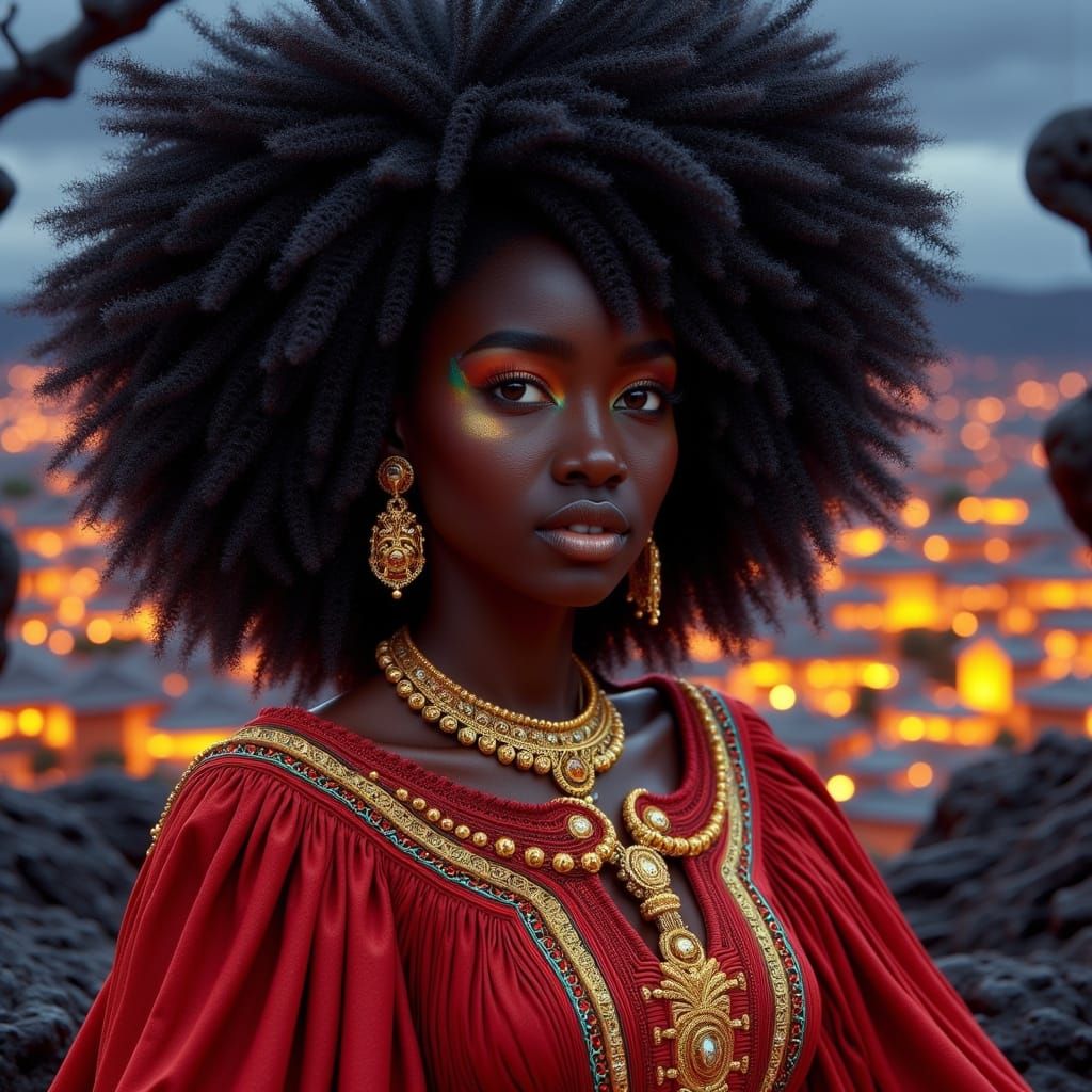 A Dark Queen of Timbuctu in a Long Red Gown with Golden Acce...