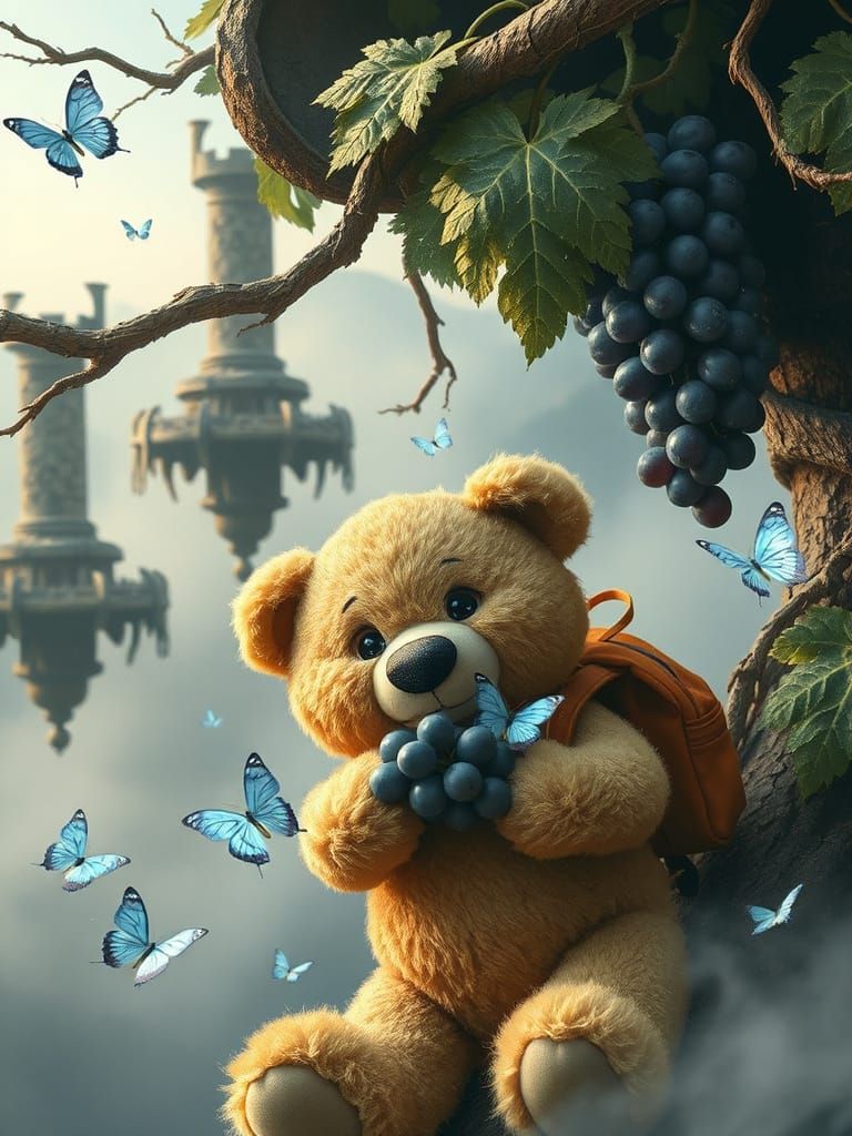 Whimsical Teddy Bear in Dreamlike Landscape with Butterflies...