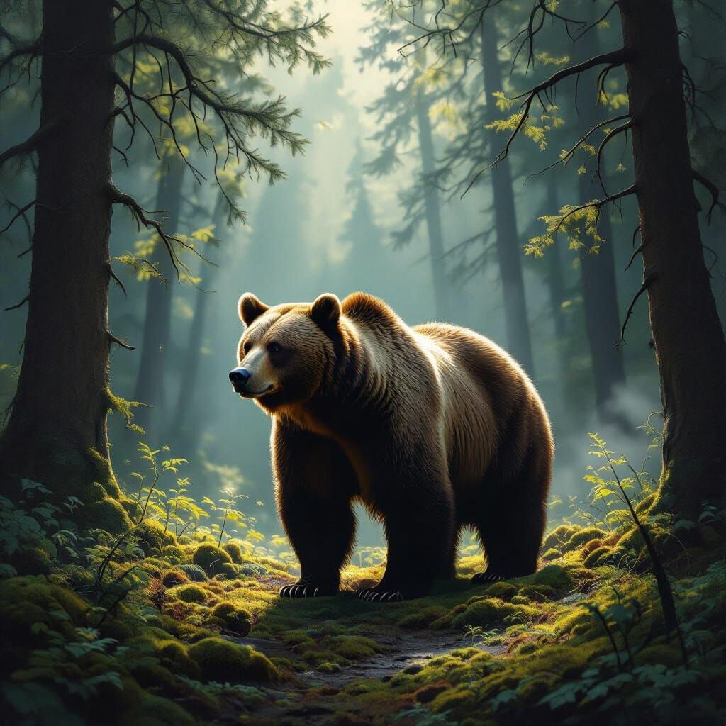 Majestic Brown Bear in Misty Forest