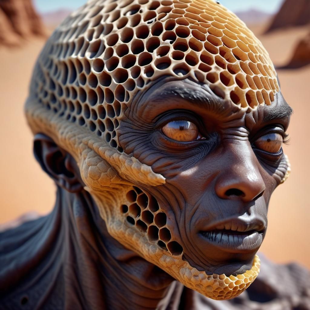 Hyperrealistic Honeycomb Creature in Desert Landscape