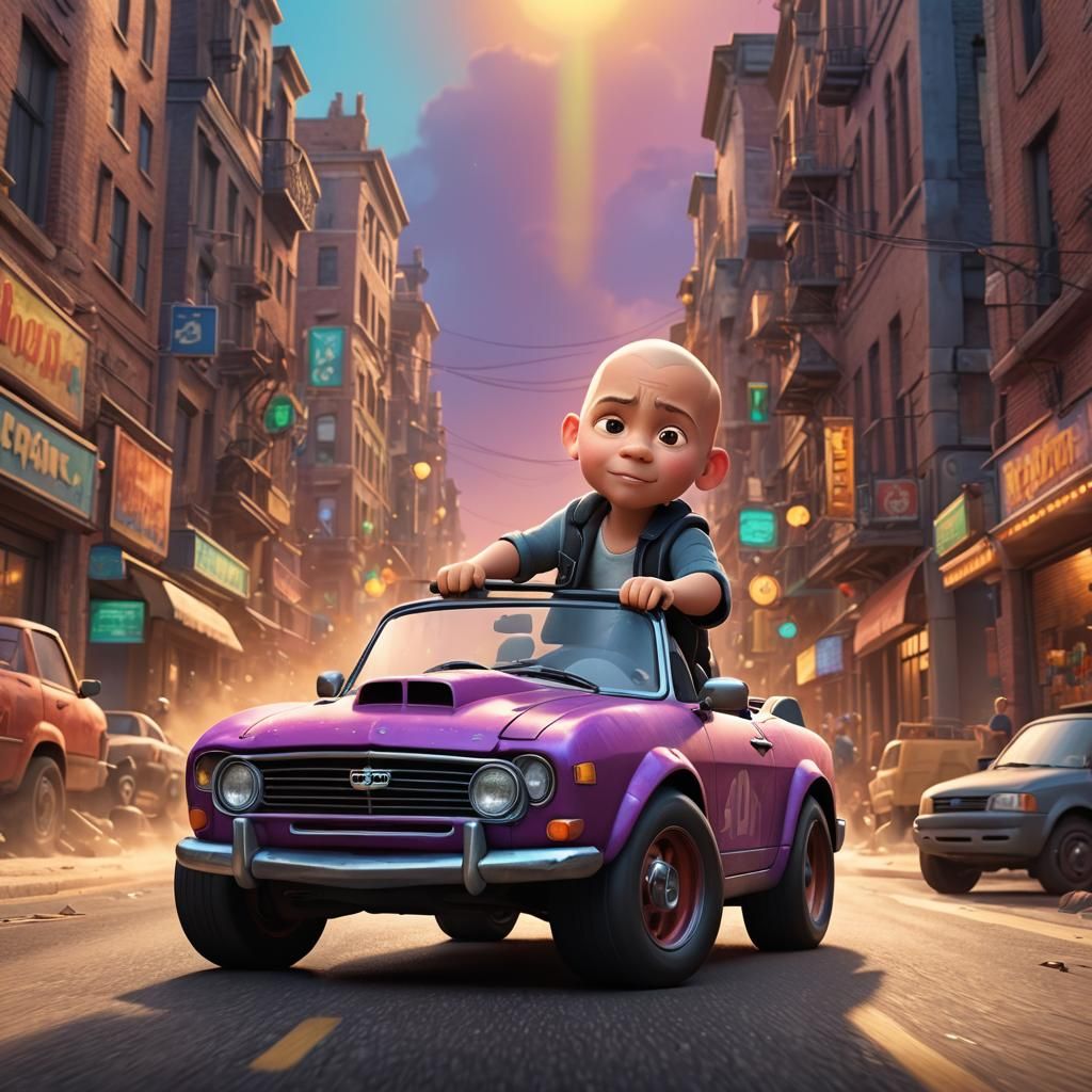 Vin Diesel Child Driving Car: Pixar-Style 3D Art