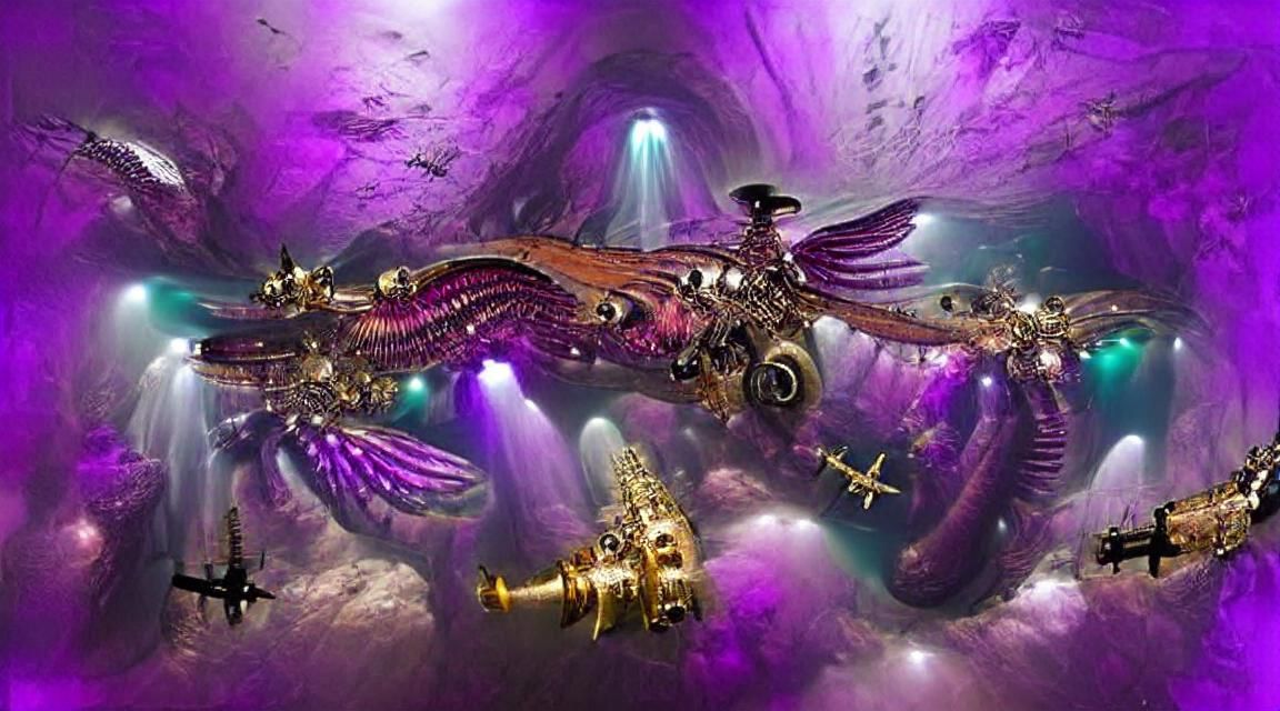 Steampunk Dragonwing Spaceship in Underwater Galaxy Cave