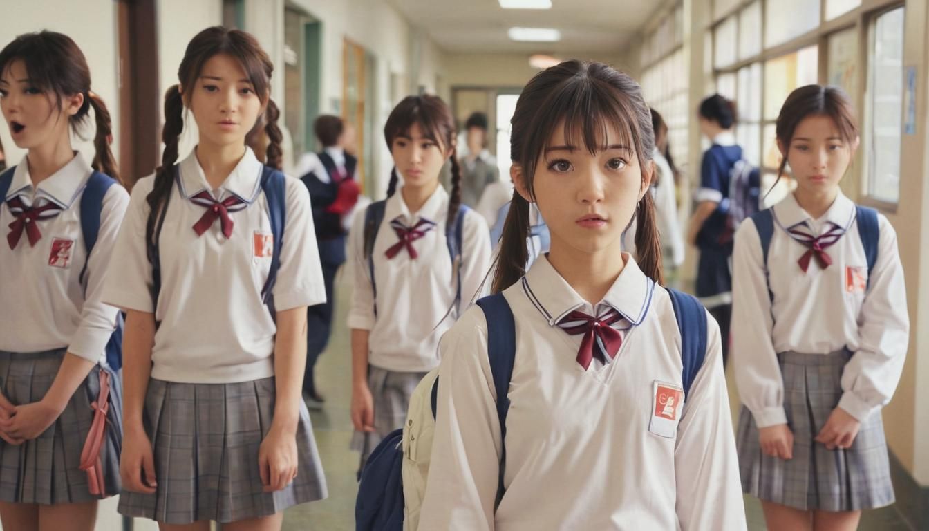 Anime Girl in School Hallway with Surprised Classmates