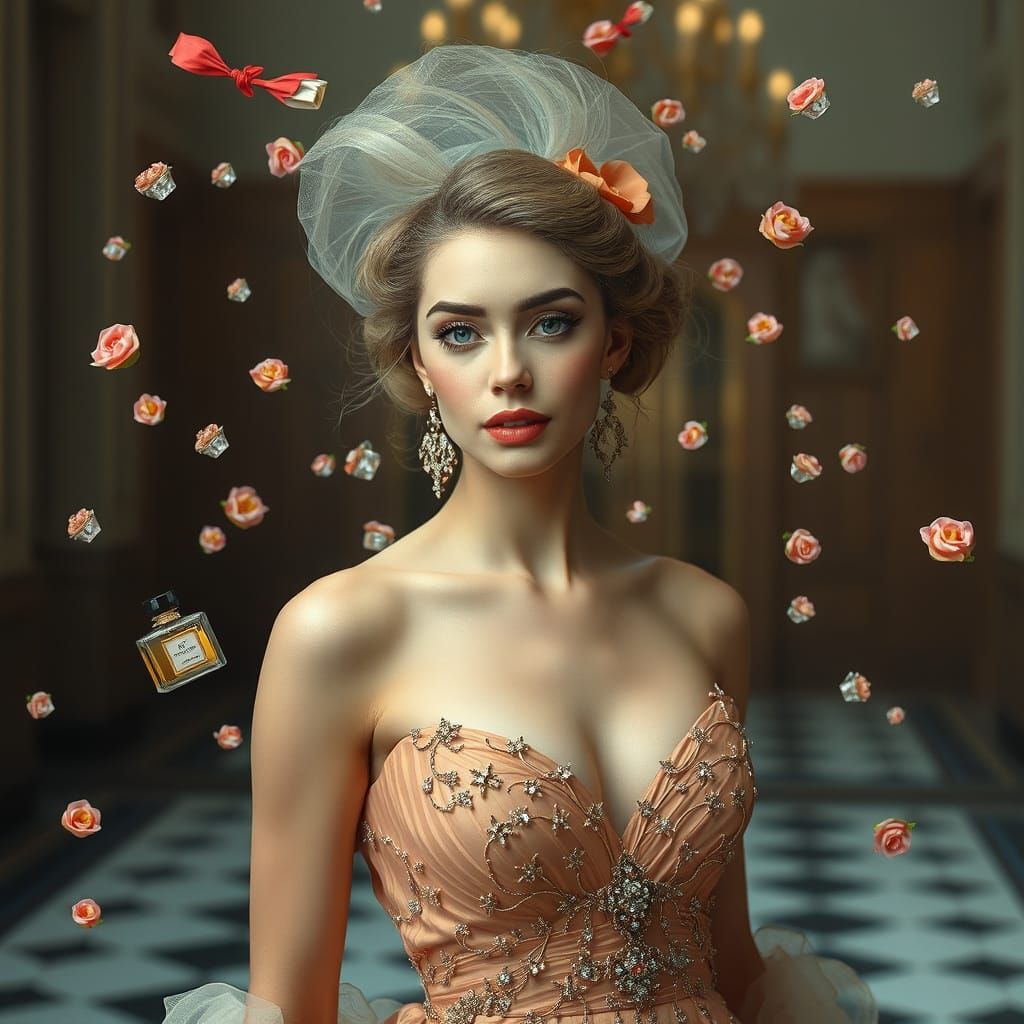 Elegant Woman Surrounded by Exotic Perfume, Hyperrealistic S...