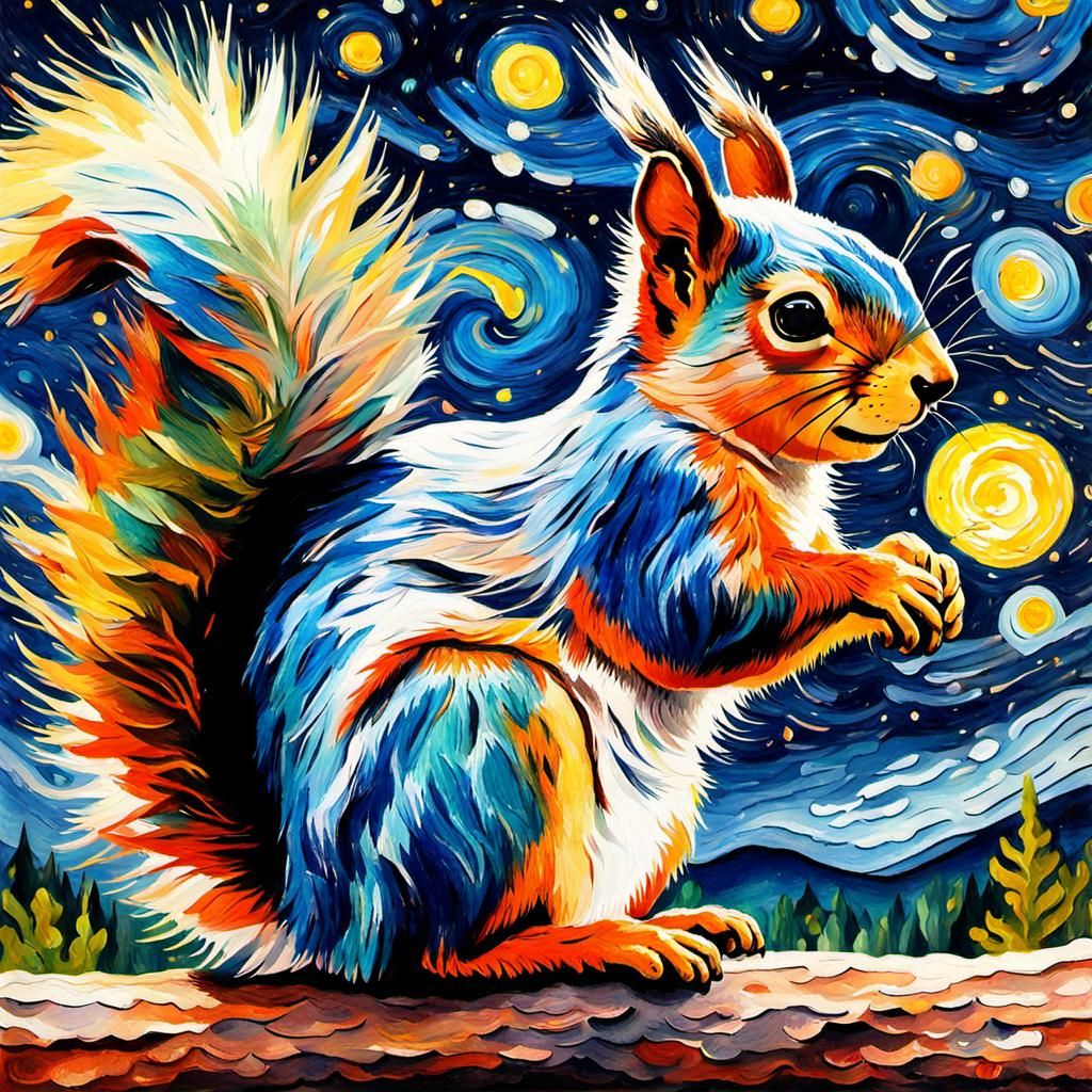 Sparkle Squirrel: Starry Night Impressionist Gouache Paintin...