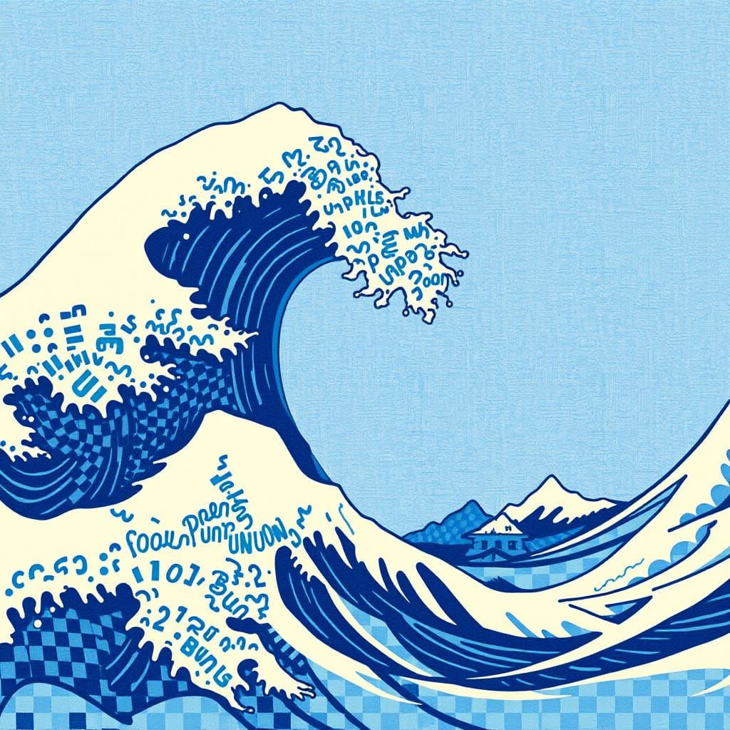 Surreal Blue and White Kanagawa Wave in Miyazaki-Inspired Ch...
