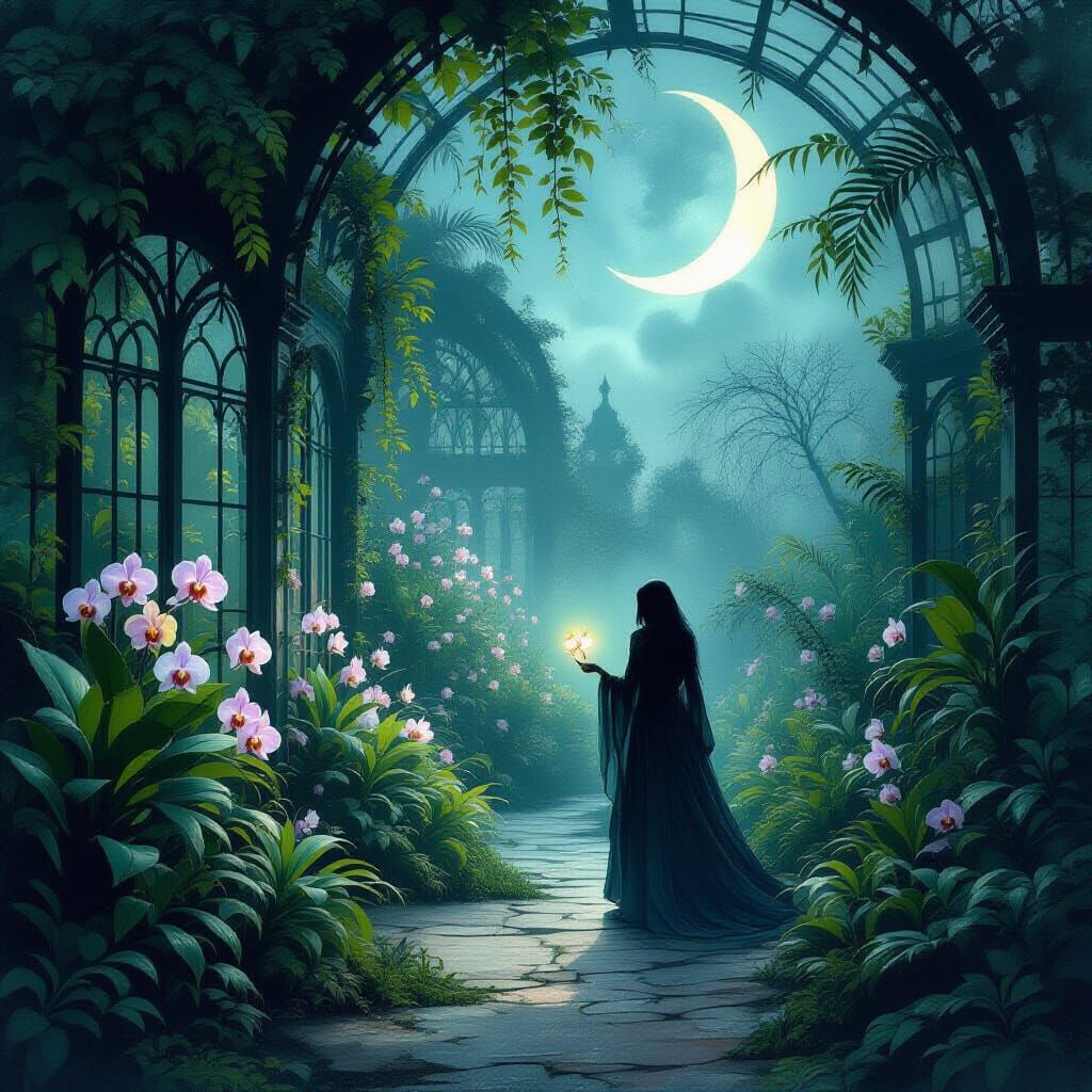 Ethereal Victorian Greenhouse With Spectral Figure