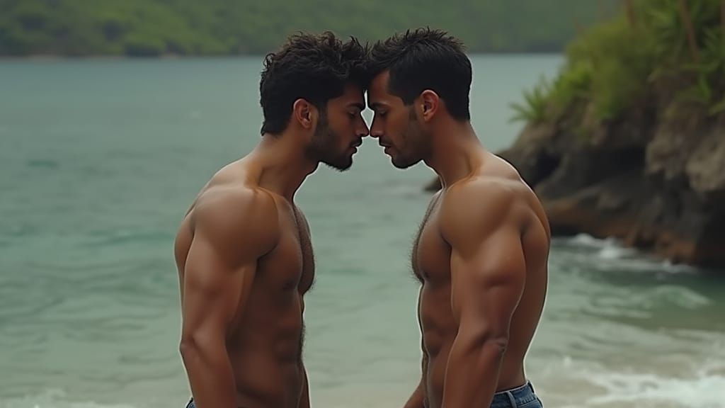 Muscular Men Embrace in Rustic Hut